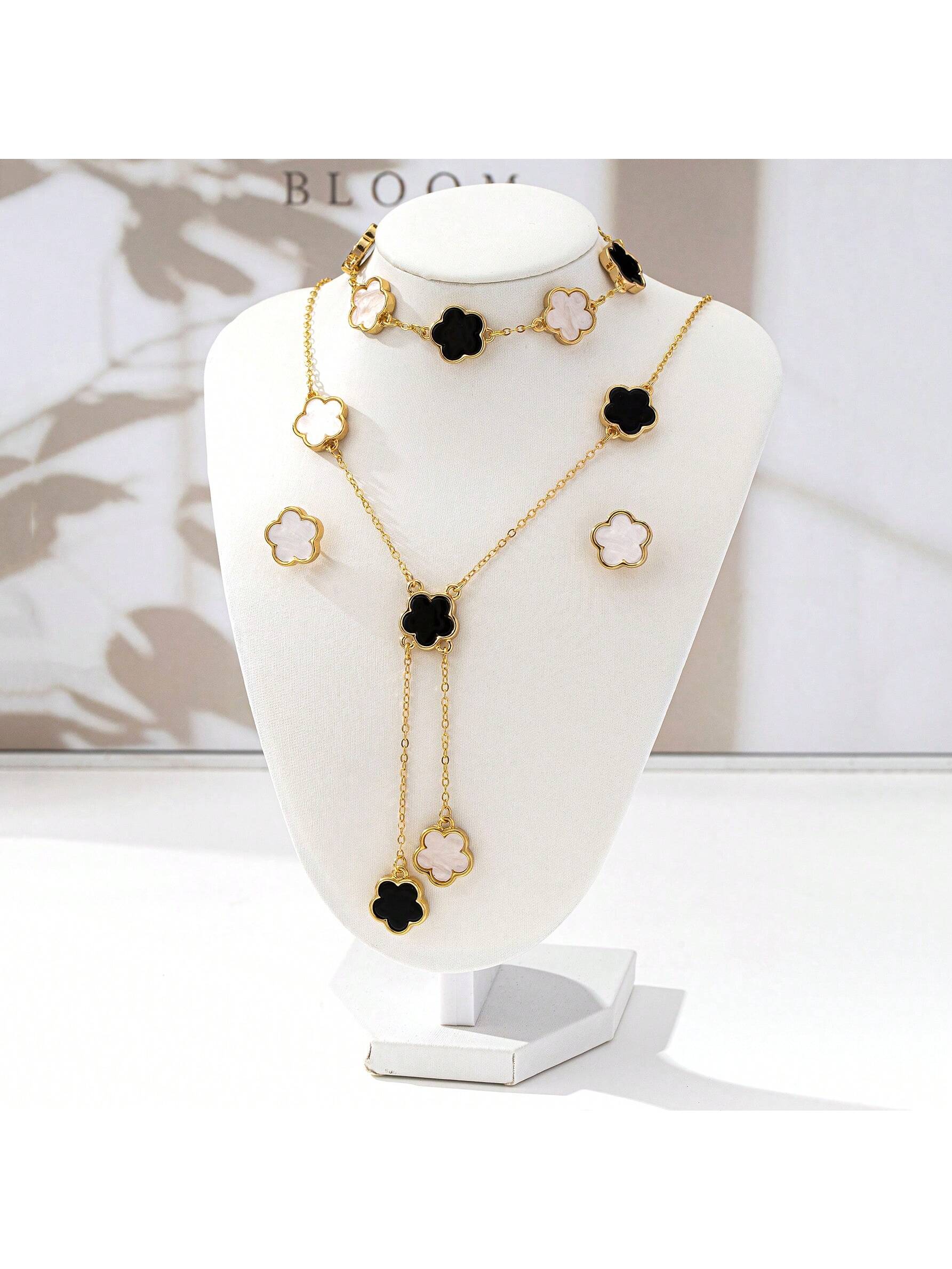Lucky Five Leaf Clover Jewelry Set Necklace Bracelet Earrings for Women