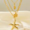 1pc Fashionable Ocean Style 3 Layer Pearl Starfish Seashell Pendant Necklace Vintage Alloy Necklace For Women main 1