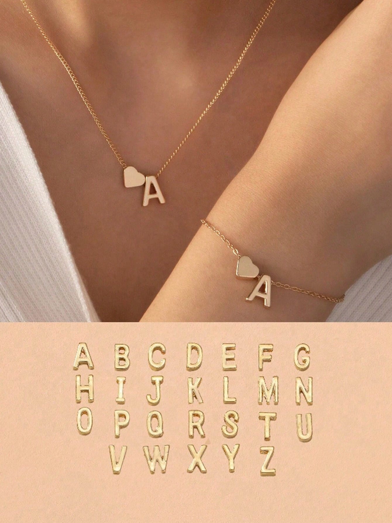 Customize Heart Letter Pendant Jewelry Set Necklace and Bracelet for Women Gift