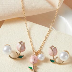 Fashion Women Charm Tulip Flower Pendant Necklace Earrings Jewelry Set