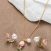 3pcs Set Fashion Women Charm Tulip Flower Pendant Necklace Earrings Jewelry Set For Women Girl Faux Pearl Chain Choker Necklaces Party Jewelry Gift main 2