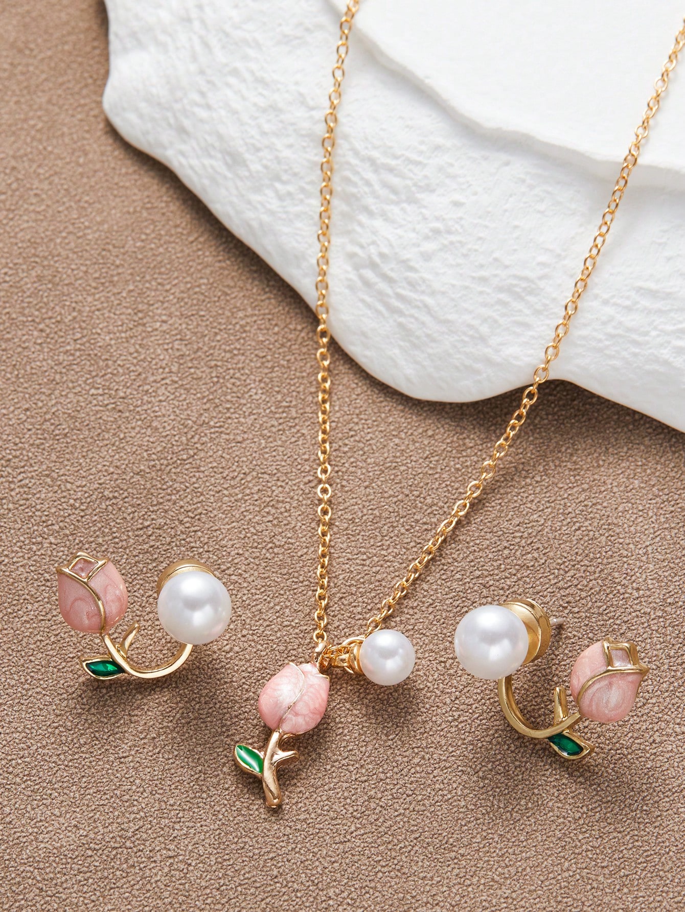 Fashion Women Charm Tulip Flower Pendant Necklace Earrings Jewelry Set