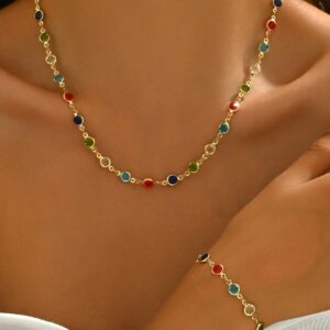 Colorful Rhinestone Necklace and Bracelet Set Casual Jewelry for Women
