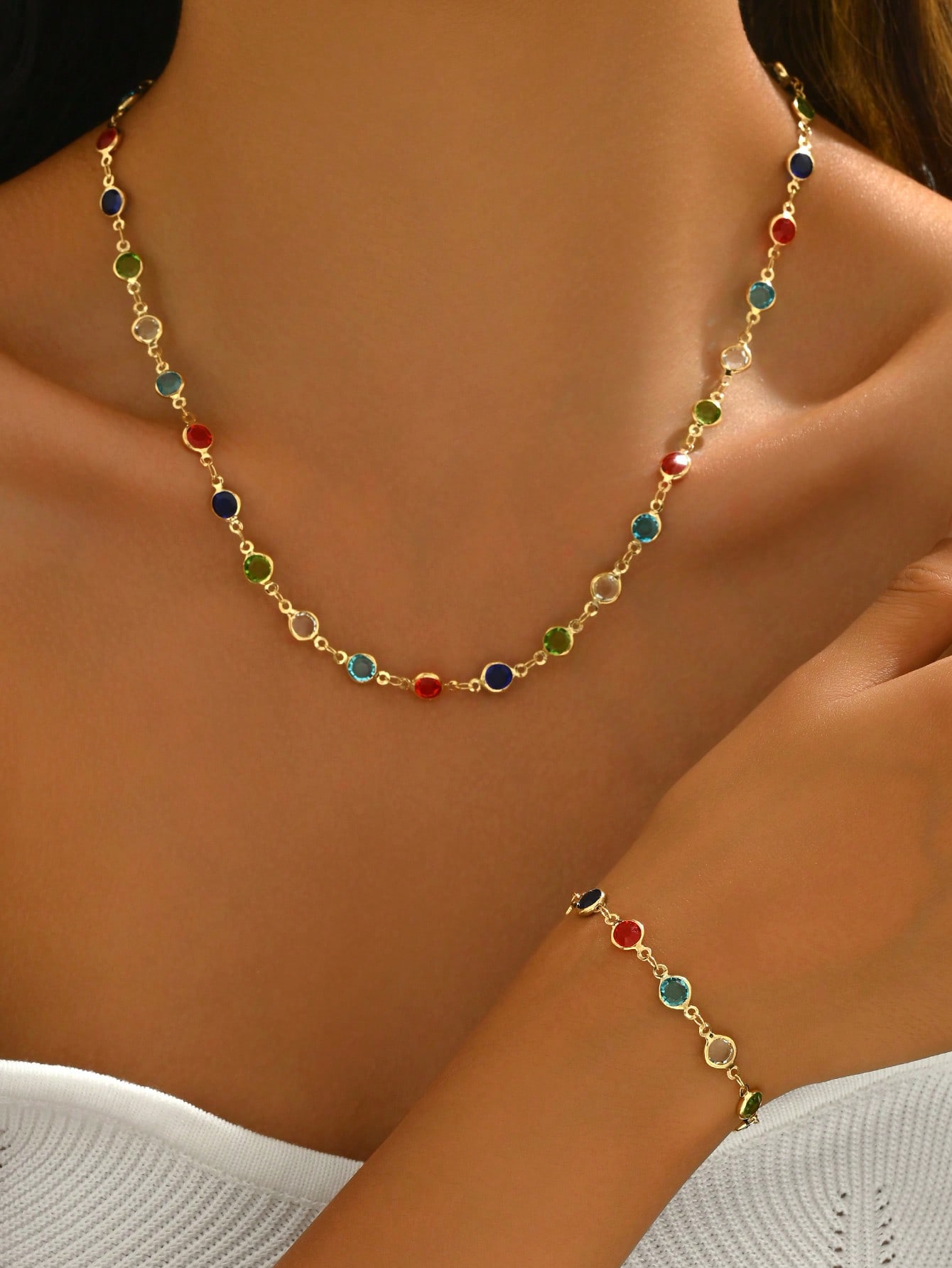 Colorful Rhinestone Necklace and Bracelet Set Casual Jewelry for Women Colorful Rhinestone Necklace and Bracelet Set Casual Jewelry for Women