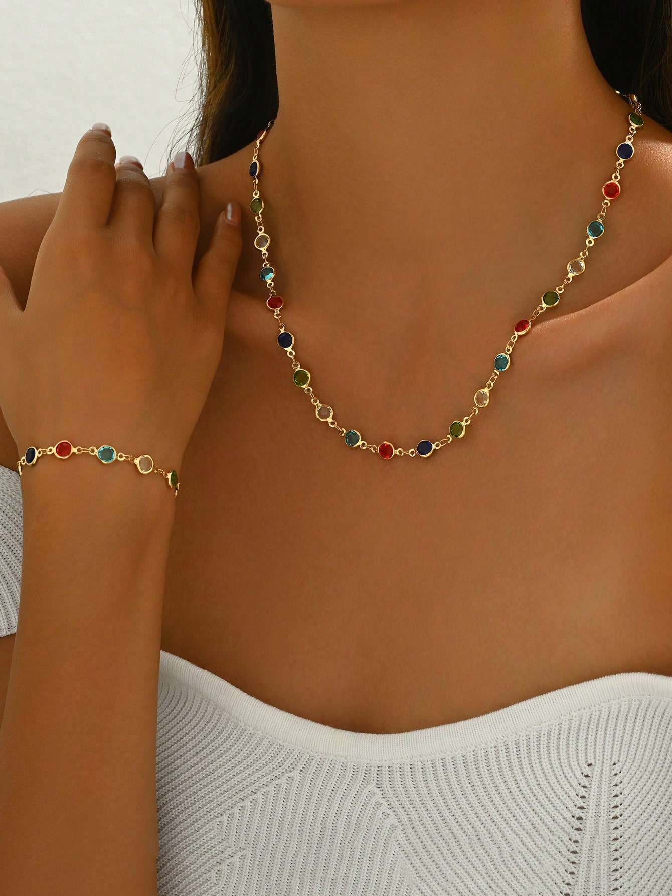 Colorful Rhinestone Necklace and Bracelet Set Casual Jewelry for Women Colorful Rhinestone Necklace and Bracelet Set Casual Jewelry for Women