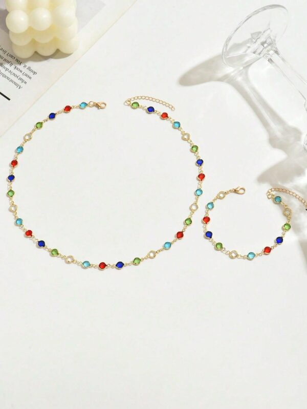 Colorful Rhinestone Necklace and Bracelet Set Casual Jewelry for Women