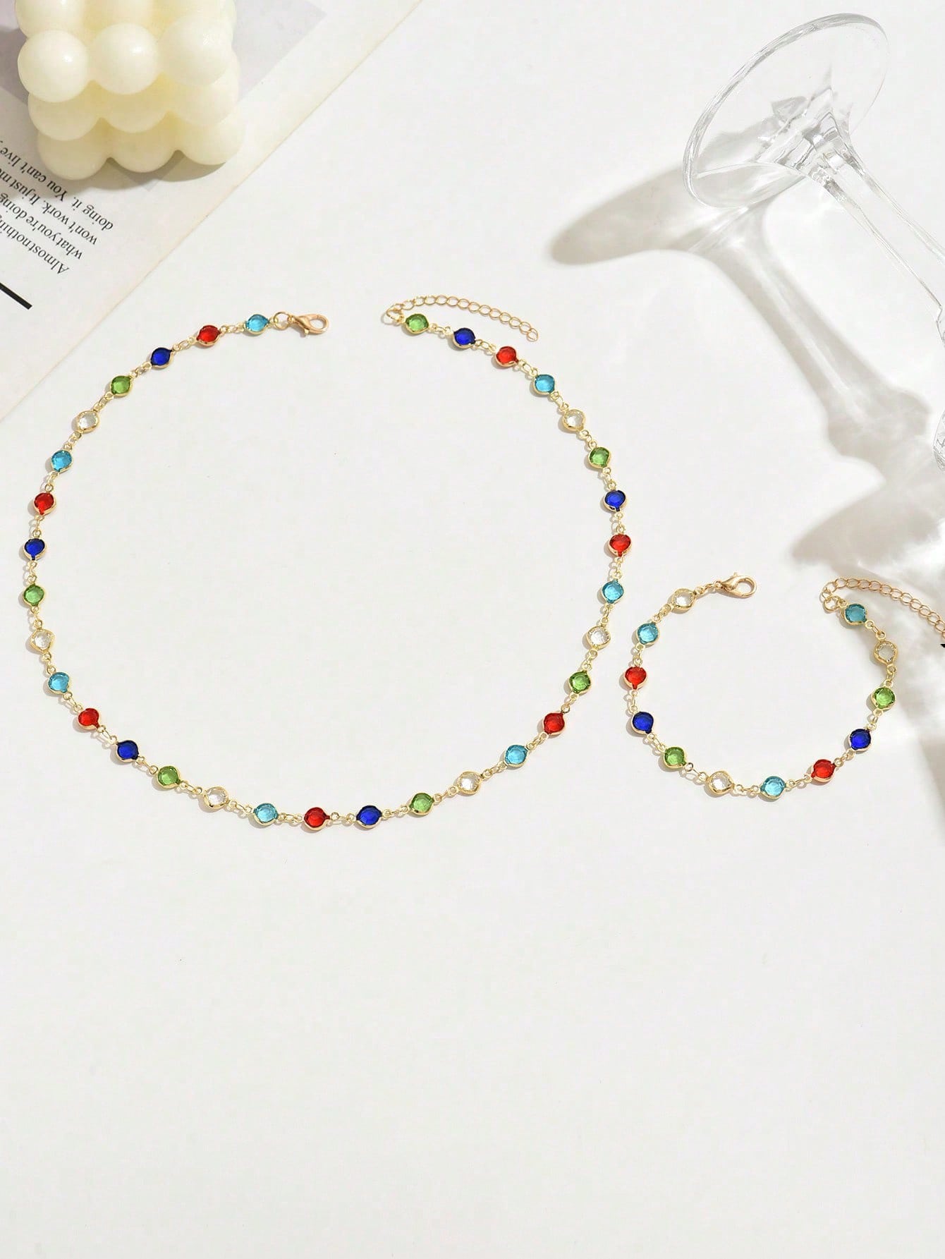 Colorful Rhinestone Necklace and Bracelet Set Casual Jewelry for Women Colorful Rhinestone Necklace and Bracelet Set Casual Jewelry for Women
